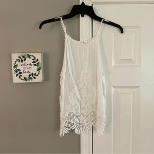 Pinky Beautiful White Embroidered Lace Fringe Tank Top Small Lacy Lightweight